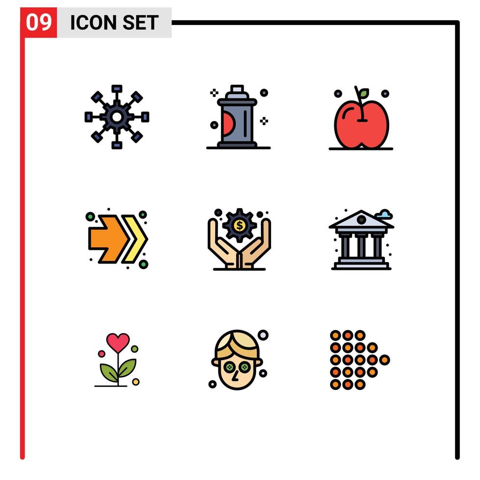 Mobile Interface Filledline Flat Color Set of 9 Pictograms of business management right salon fast forward thanksgiving Editable Vector Design Elements