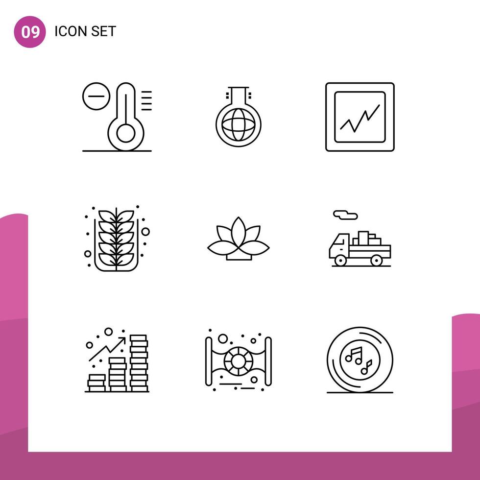 Group of 9 Outlines Signs and Symbols for plant india graph flower nature Editable Vector Design Elements