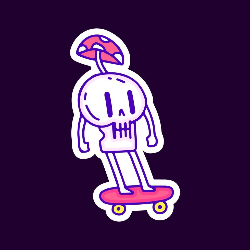 Funny skull with mushroom riding skateboard cartoon, illustration for t-shirt, sticker, or apparel merchandise. With modern pop and retro style. vector