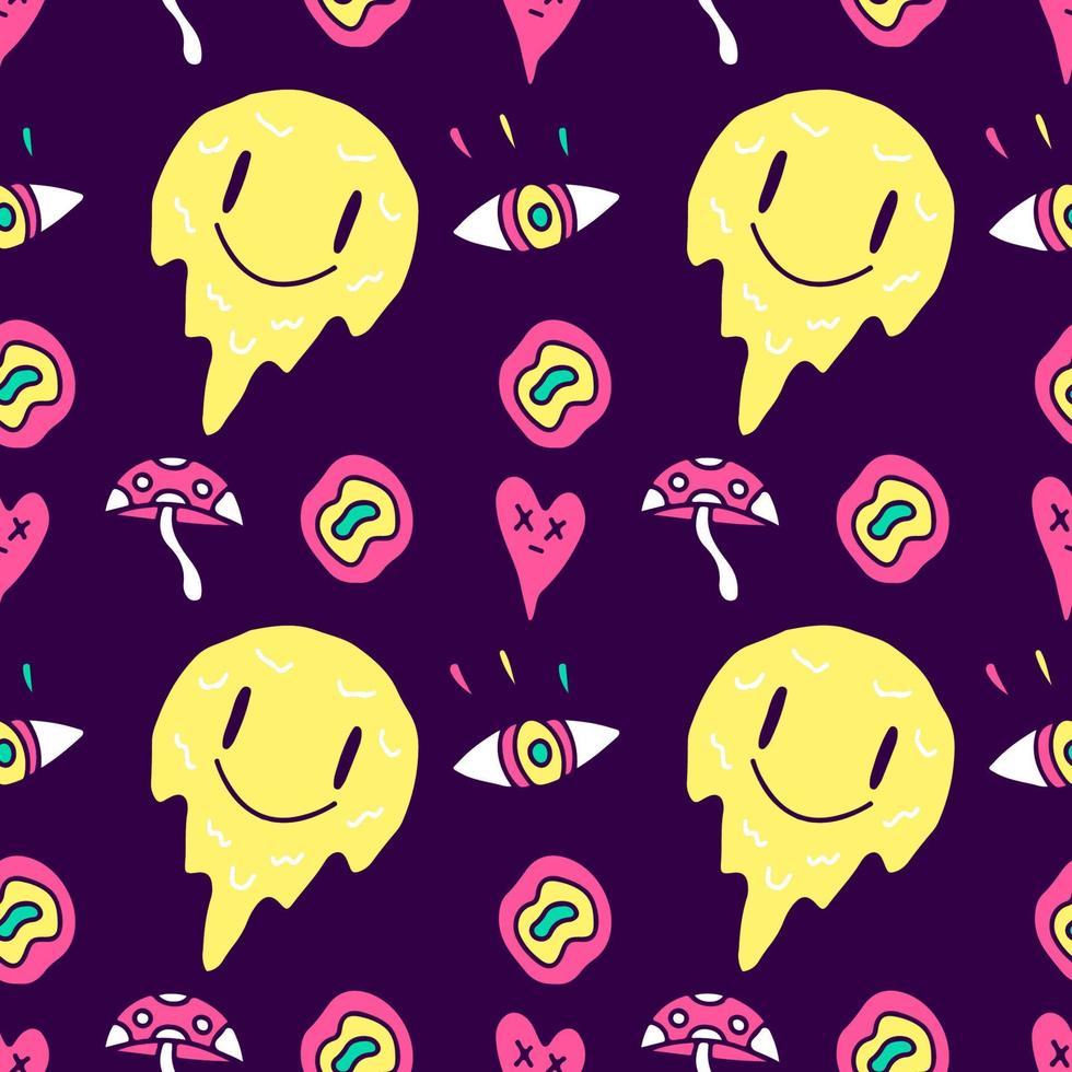 Trippy smile emoji face seamless pattern, illustration for background, or apparel merchandise. With modern pop and retro style. vector