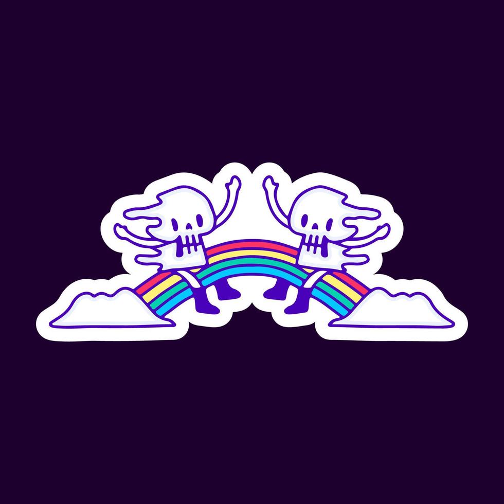 Funny melted skulls character sitting on rainbow cartoon, illustration for t-shirt, sticker, or apparel merchandise. With modern pop and retro style. vector