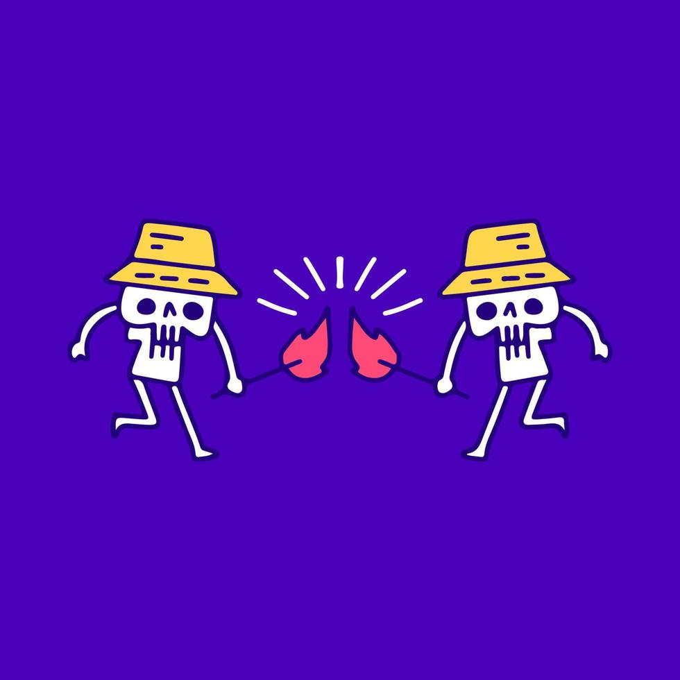 Funny skulls in bucket hat holding torch cartoon, illustration for t-shirt, sticker, or apparel merchandise. With modern pop and urban style. vector