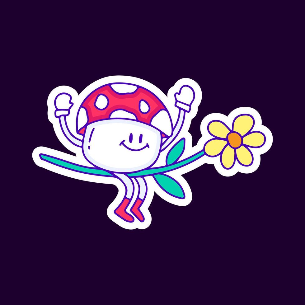 Funny mushroom character riding sunflower cartoon, illustration for t-shirt, sticker, or apparel merchandise. With modern pop and retro style. vector