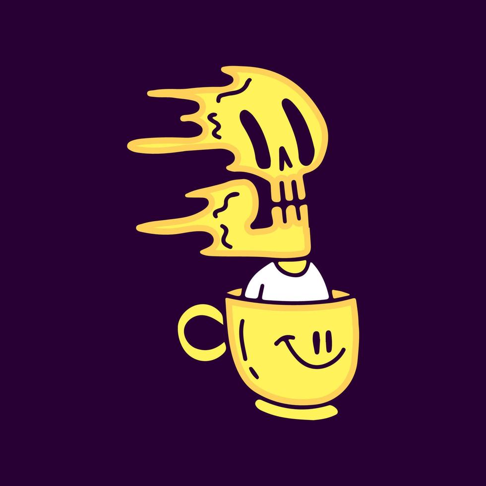 esqueleto trippy dentro de una taza de dibujos animados de café, ilustración para camisetas, pegatinas o prendas de vestir. con pop moderno y estilo retro. vector