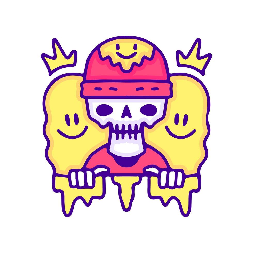 cráneo exagerado con sombrero de beanie con cara de sonrisa derretida, ilustración para camisetas, calcomanías o prendas de vestir. con estilo pop moderno. vector