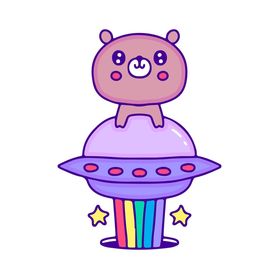 Cute baby bear with rainbow spaceship doodle art, illustration for t-shirt, sticker, or apparel merchandise. With modern pop and kawaii style. vector