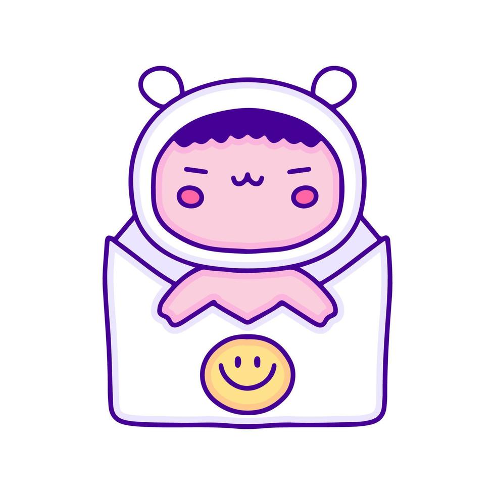 Cute baby wearing animal costume in envelope doodle art, illustration for t-shirt, sticker, or apparel merchandise. With modern pop and kawaii style. vector