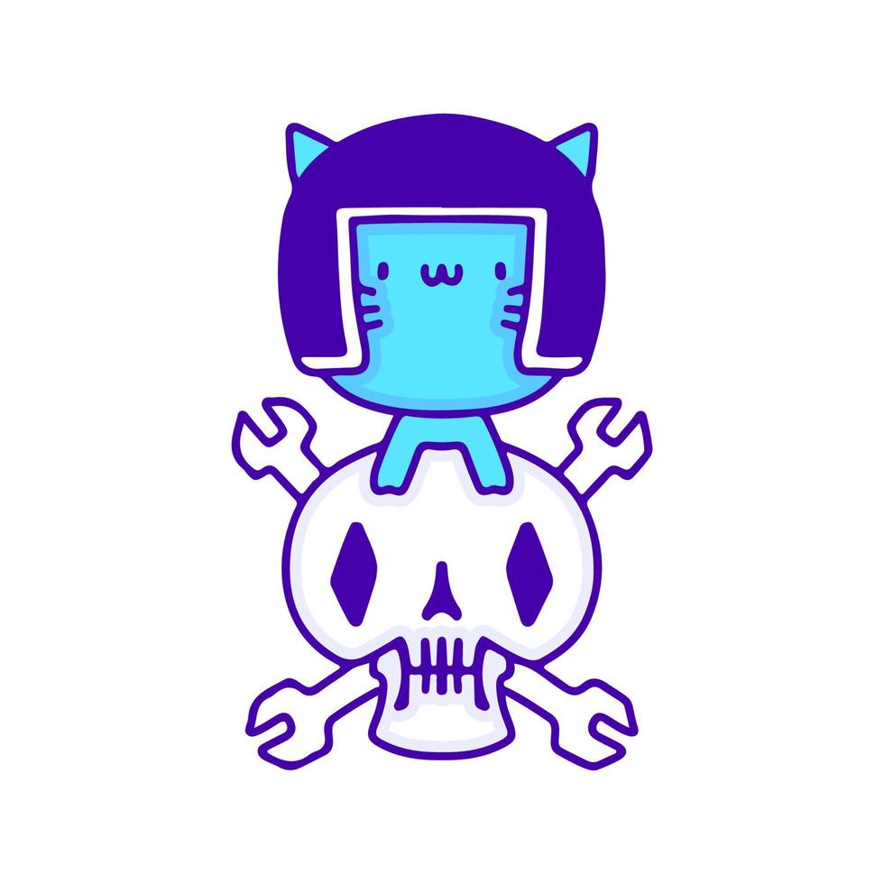 Cute little cat rider with skull doodle art, illustration for t-shirt, sticker, or apparel merchandise. With modern pop and kawaii style. vector
