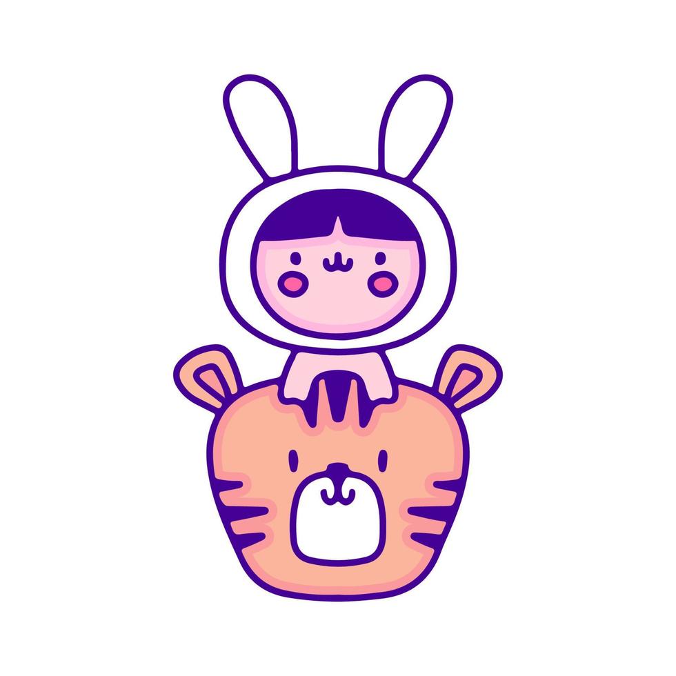 Sweet baby in bunny costume with tiger doodle art, illustration for t-shirt, sticker, or apparel merchandise. With modern pop and kawaii style. vector