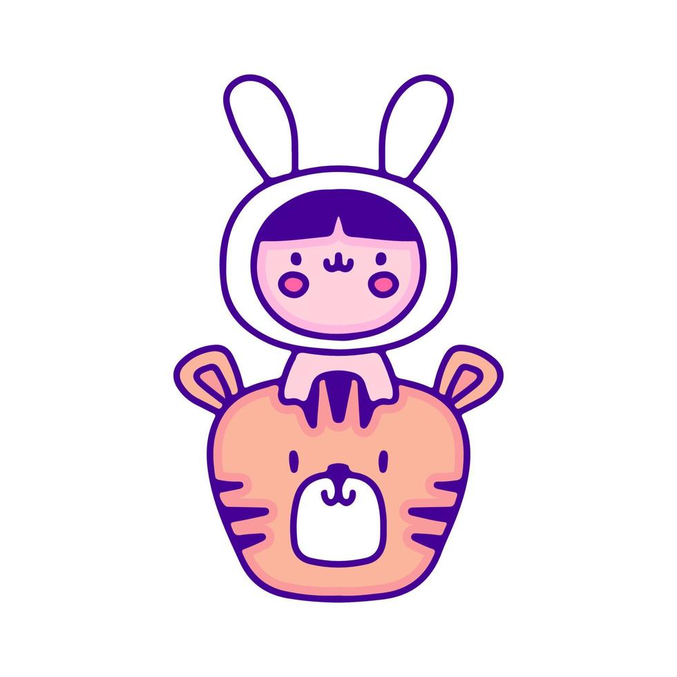 dulce bebé disfrazado de conejito con arte de garabatos de tigre, ilustración para camisetas, pegatinas o prendas de vestir. con pop moderno y estilo kawaii. vector