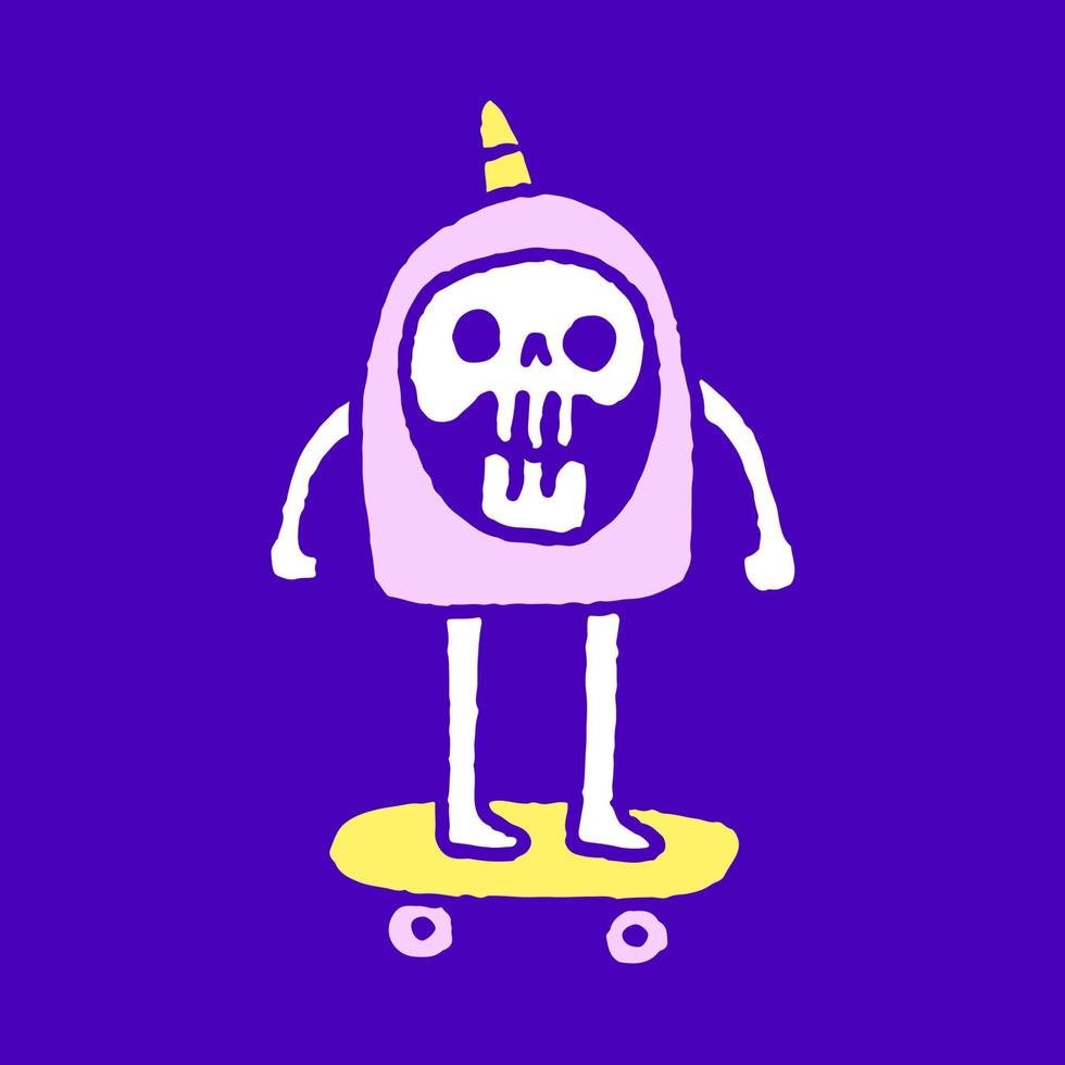 Skull in funny costume riding skateboard cartoon, illustration for t-shirt, sticker, or apparel merchandise. With modern pop and retro style. vector