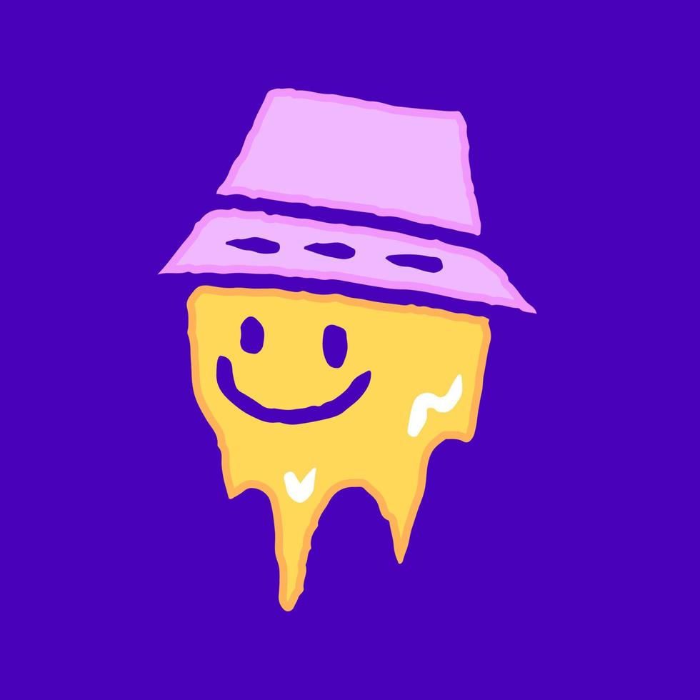 Cool meted smile emoji face wearing bucket hat cartoon, illustration for t-shirt, sticker, or apparel merchandise. With modern pop and retro style. vector