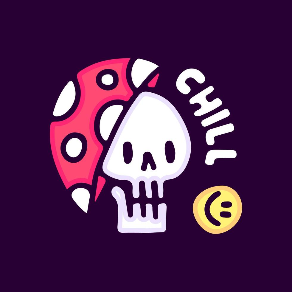 Skull and magic mushroom with chill typography cartoon, illustration for t-shirt, sticker, or apparel merchandise. With modern pop and retro style. vector