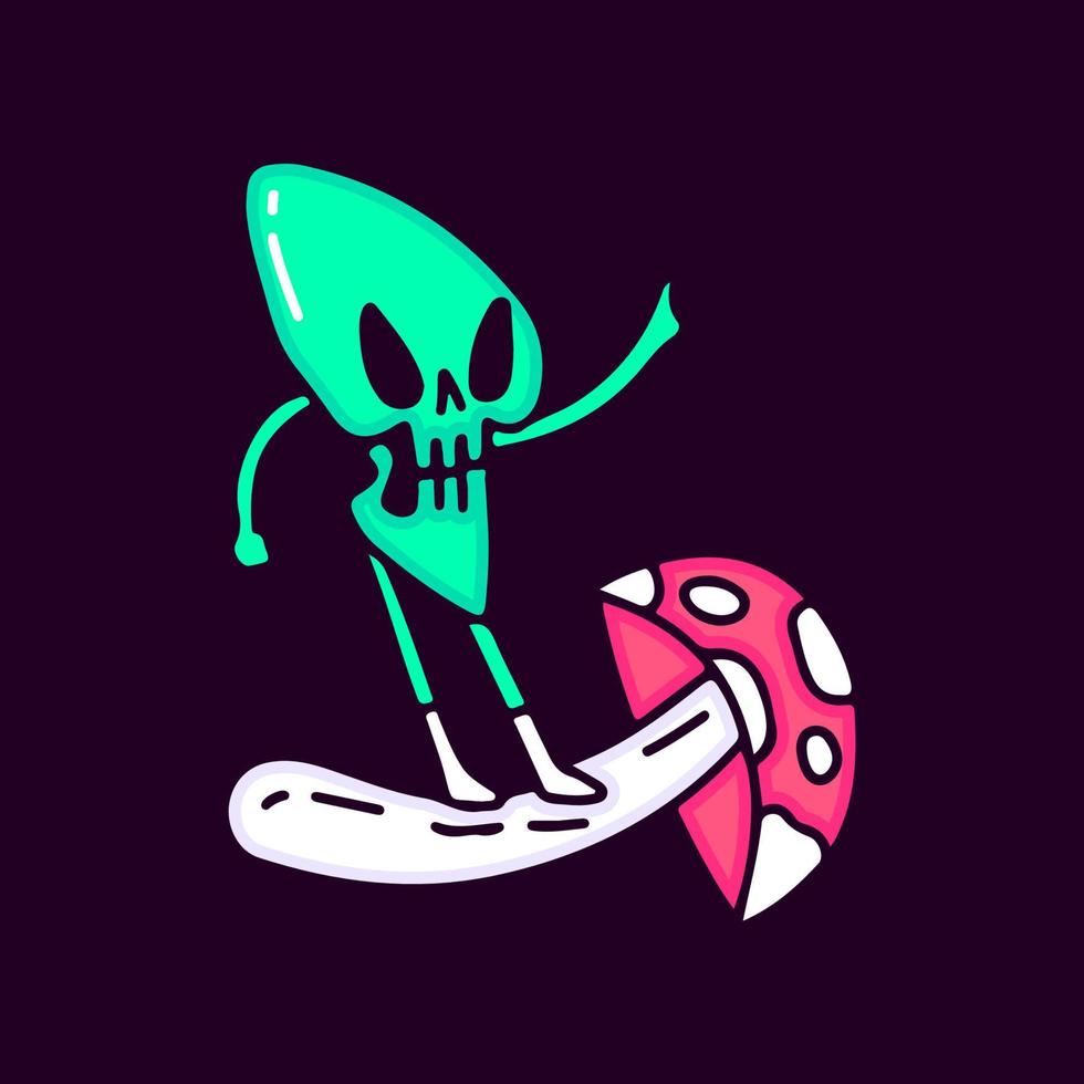 Alien skull character riding mushroom cartoon, illustration for t-shirt, sticker, or apparel merchandise. With modern pop and retro style. vector