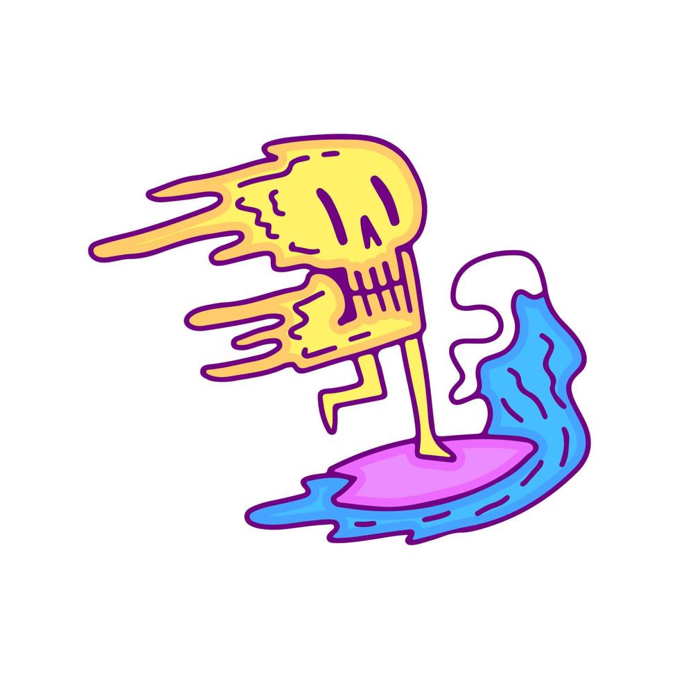 Funny melted skull character surfing cartoon, illustration for t-shirt, sticker, or apparel merchandise. With modern pop and retro style. vector