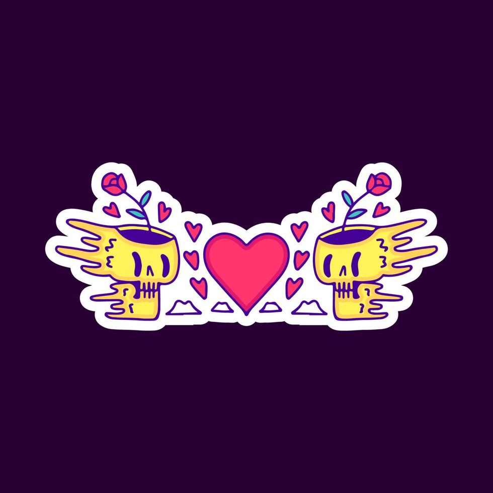 Trippy skulls with rose flower and love symbol cartoon, illustration for t-shirt, sticker, or apparel merchandise. With modern pop and retro style. vector