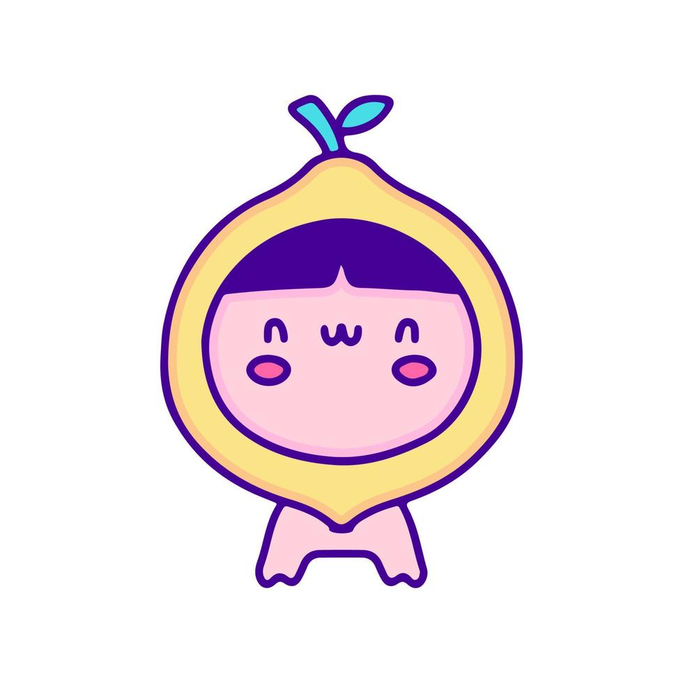 Dulce bebé con traje de fruta de limón, arte de garabatos, ilustración para camisetas, calcomanías o prendas de vestir. con pop moderno y estilo kawaii. vector