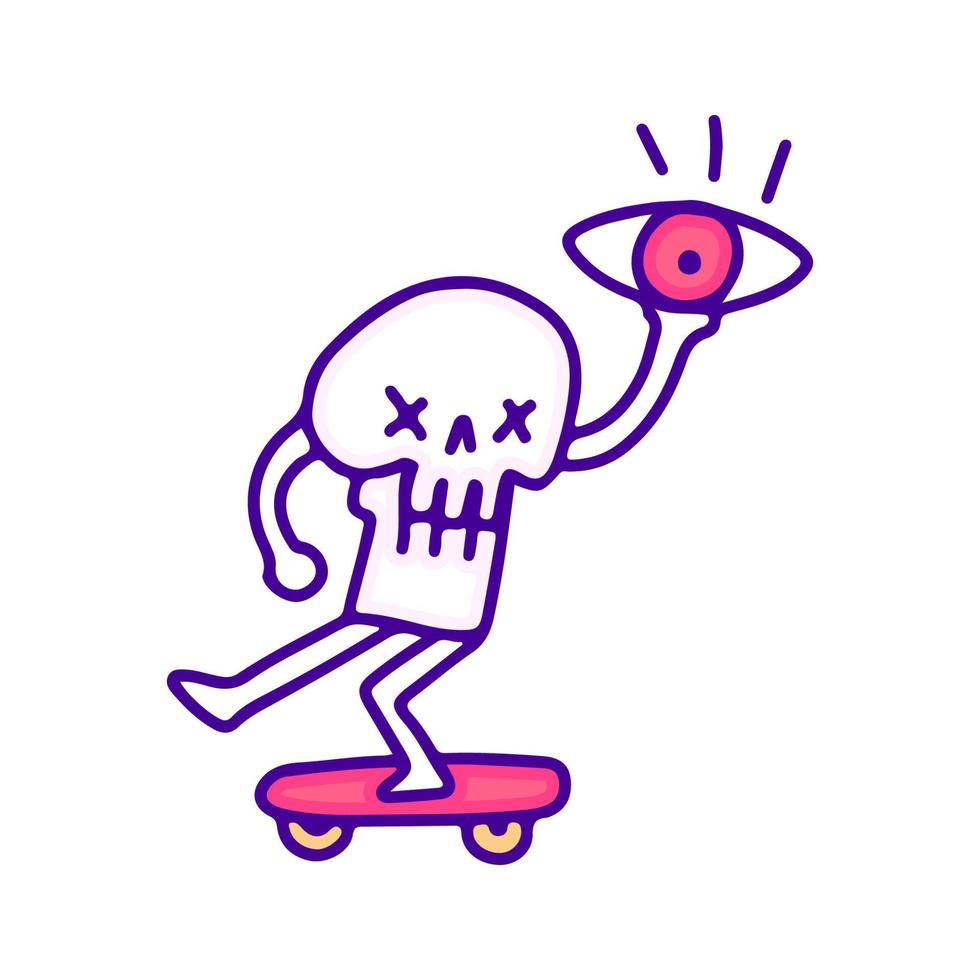 Funny skull holding eye riding skateboard doodle art, illustration for t-shirt, sticker, or apparel merchandise. With modern pop style. vector