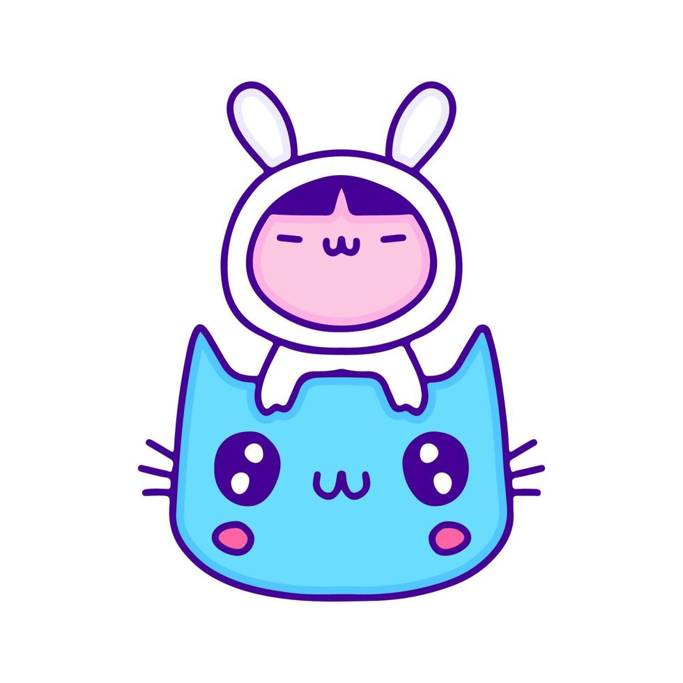 Cute baby in animal costume with cat doodle art, illustration for t-shirt, sticker, or apparel merchandise. With modern pop and kawaii style. vector