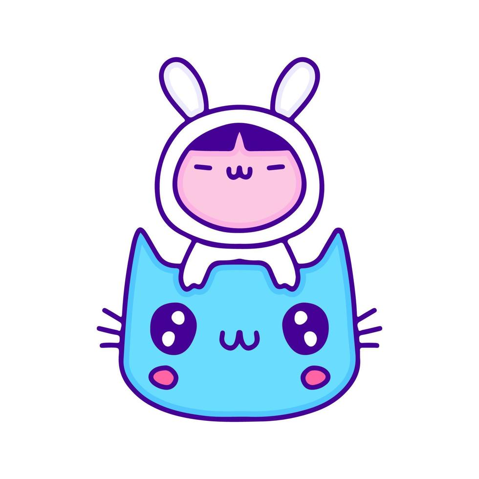 lindo bebé disfrazado de animal con arte de garabato de gato, ilustración para camiseta, pegatina o mercancía de ropa. con pop moderno y estilo kawaii. vector