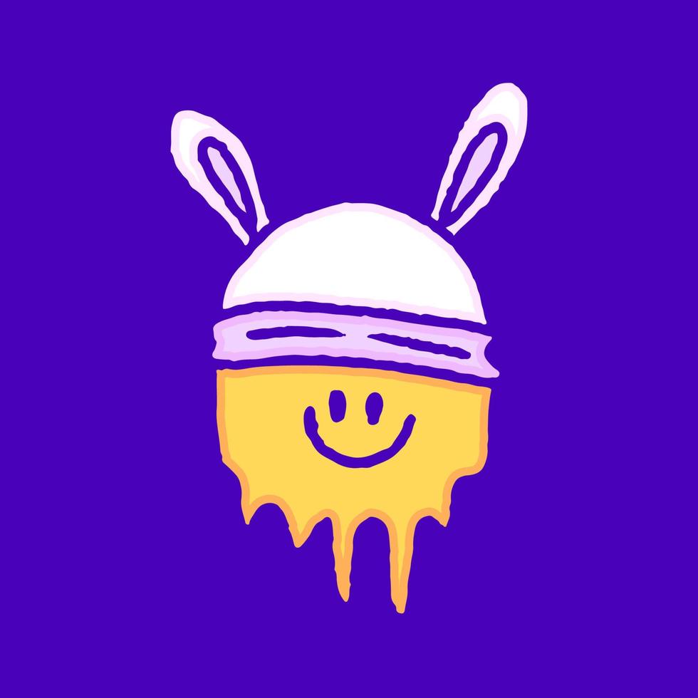 Cute melted emoji face with bunny hat cartoon, illustration for t-shirt, sticker, or apparel merchandise. With modern pop and retro style. vector