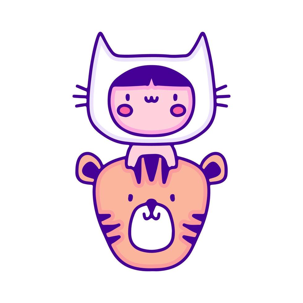Cute baby in cat costume with tiger doodle art, illustration for t-shirt, sticker, or apparel merchandise. With modern pop and kawaii style. vector