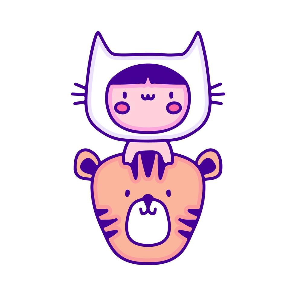 Cute baby in cat costume with tiger doodle art, illustration for t-shirt, sticker, or apparel merchandise. With modern pop and kawaii style. vector