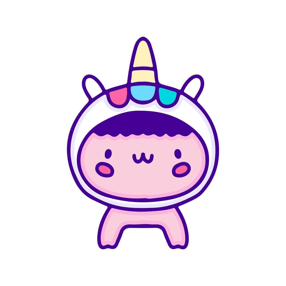 lindo bebé disfrazado de unicornio, arte de garabatos, ilustración para camisetas, pegatinas o prendas de vestir. con pop moderno y estilo kawaii. vector