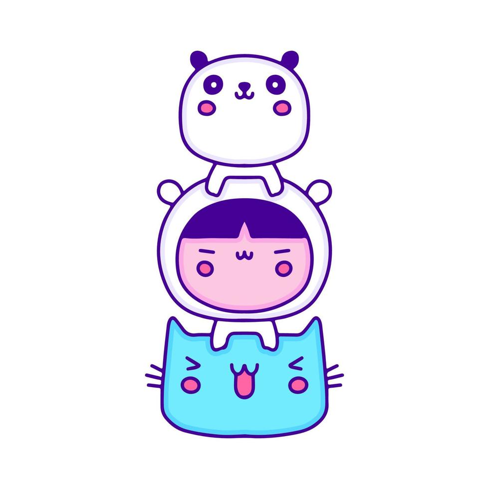 Cute baby in animal costume with little panda and cat doodle art, illustration for t-shirt, sticker, or apparel merchandise. With modern pop and kawaii style. vector