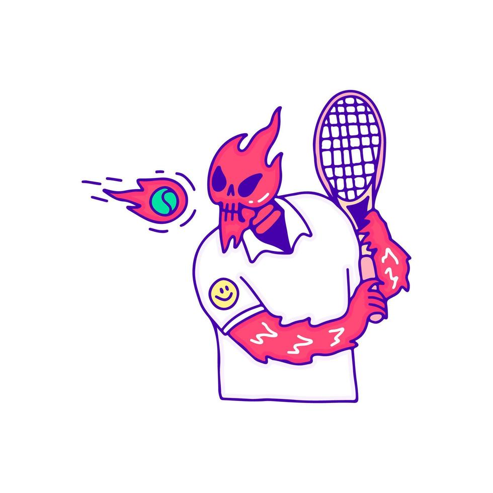 personaje de calavera en llamas jugando al arte del doodle deportivo de padel, ilustración para camisetas, pegatinas o prendas de vestir. con estilo pop moderno vector