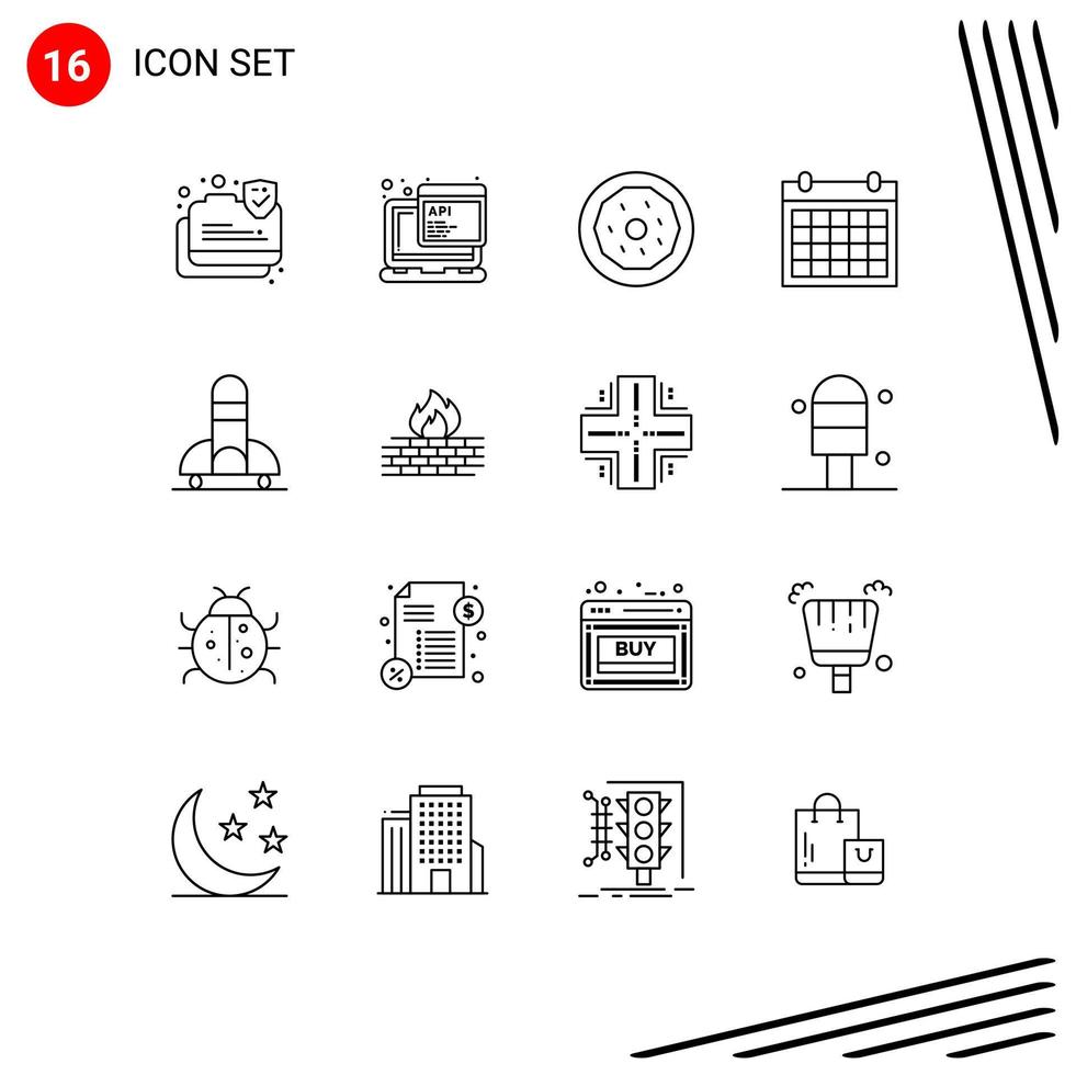 Pictogram Set of 16 Simple Outlines of rocket contact us dessert contact colander Editable Vector Design Elements