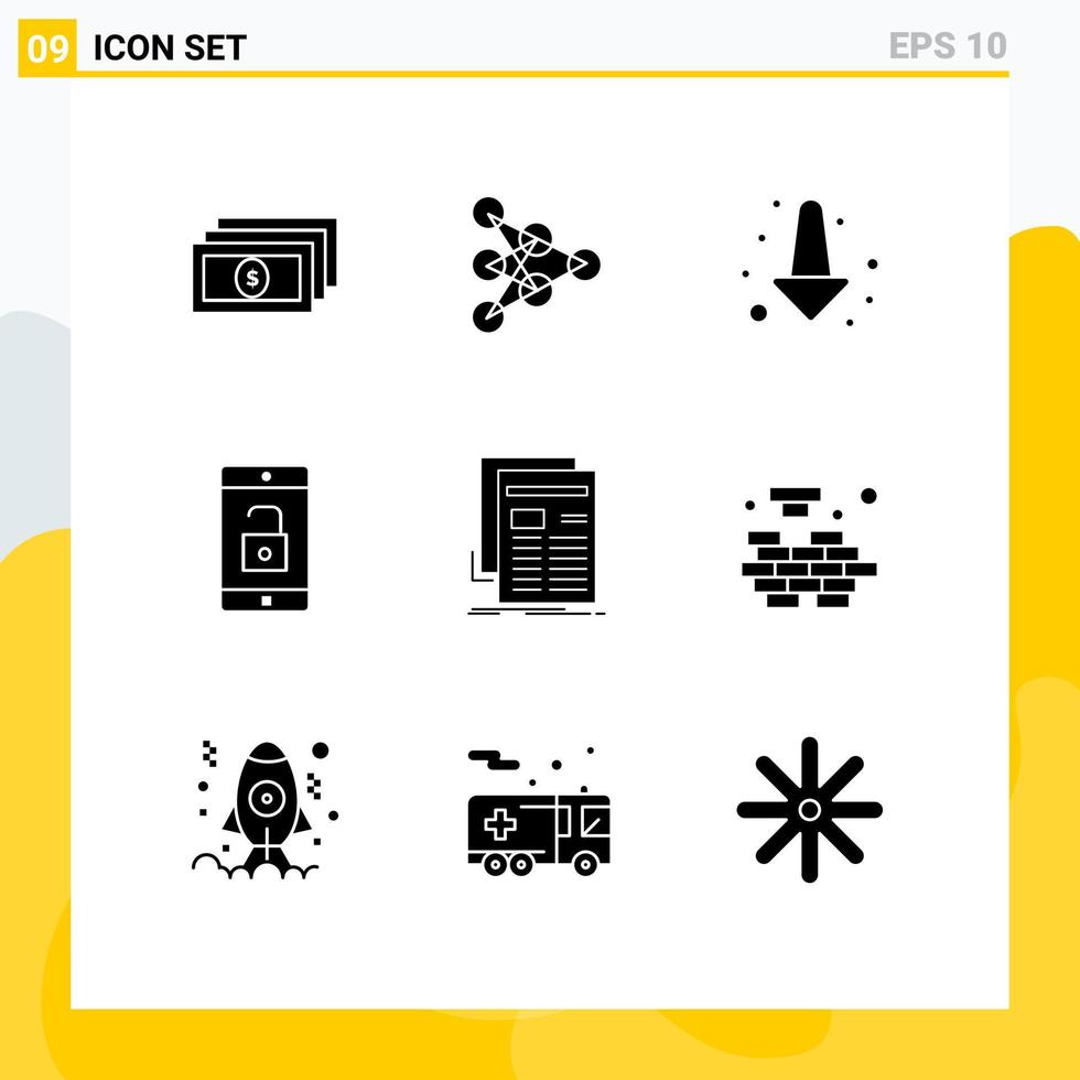 9 User Interface Solid Glyph Pack of modern Signs and Symbols of newsletter media down gazette mobile application Editable Vector Design Elements