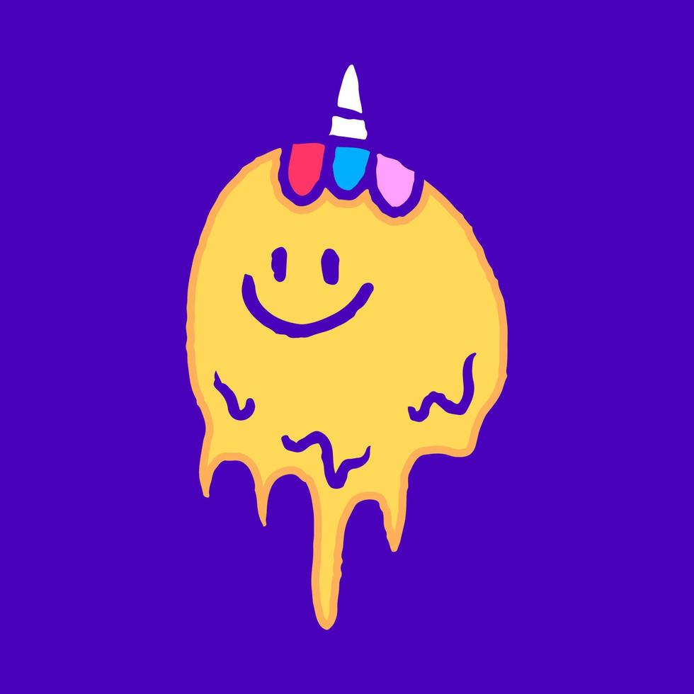 Melted unicorn emoji face cartoon, illustration for t-shirt, sticker, or apparel merchandise. With modern pop and retro style. vector