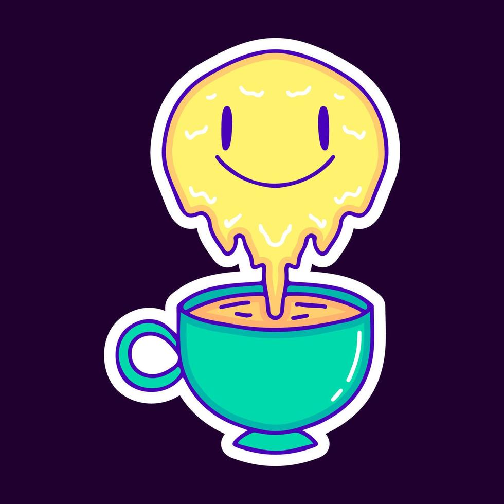 cara de emoji derretida con una taza de dibujos animados de café, ilustración para camisetas, pegatinas o prendas de vestir. con pop moderno y estilo retro. vector