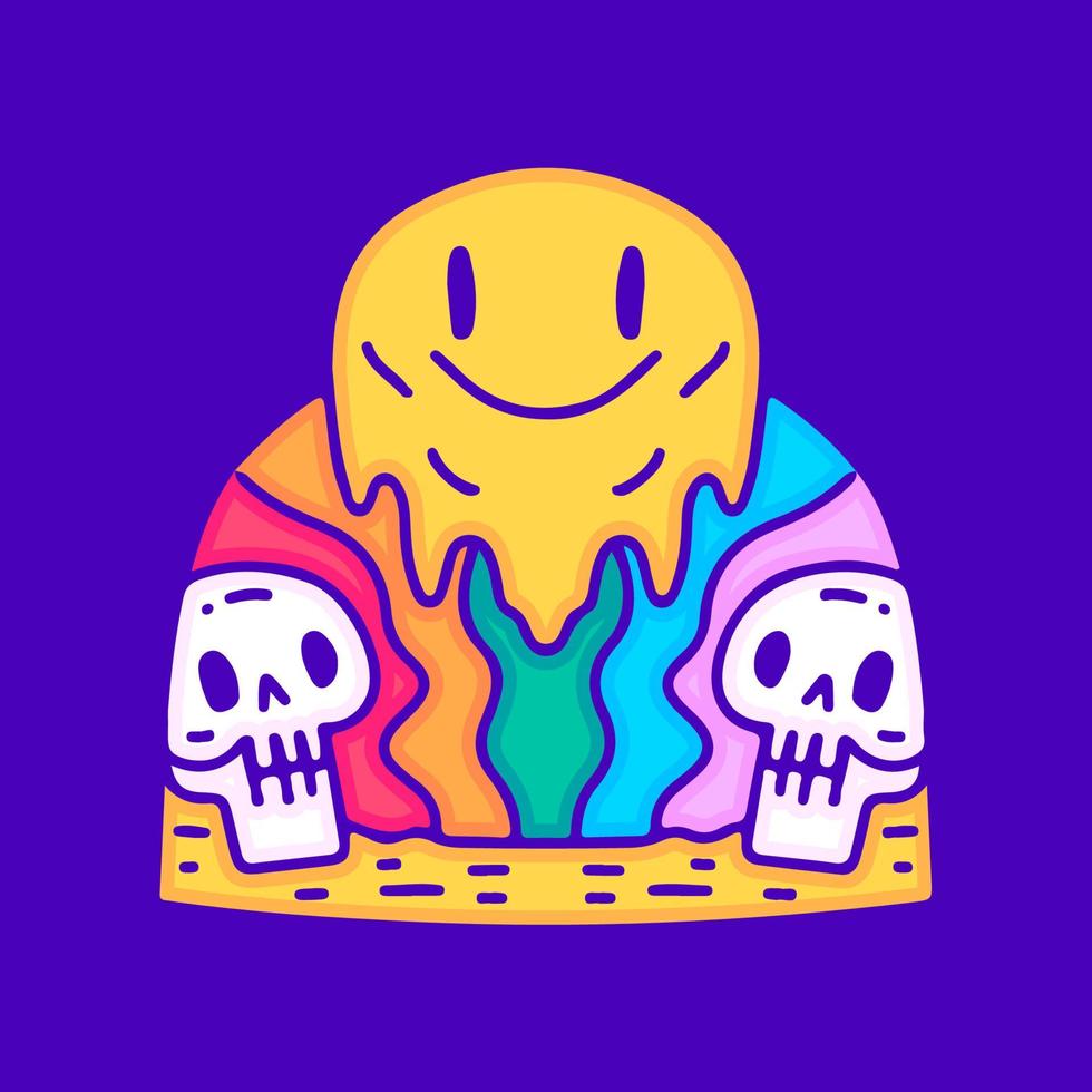 Trippy skull with melted smile emoji face cartoon, illustration for t-shirt, sticker, or apparel merchandise. With modern pop and urban style. vector