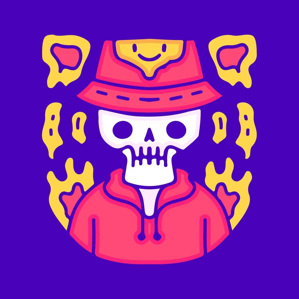 Trippy skull in bucket hat cartoon, illustration for t-shirt, sticker, or apparel merchandise. With modern pop and urban style. vector