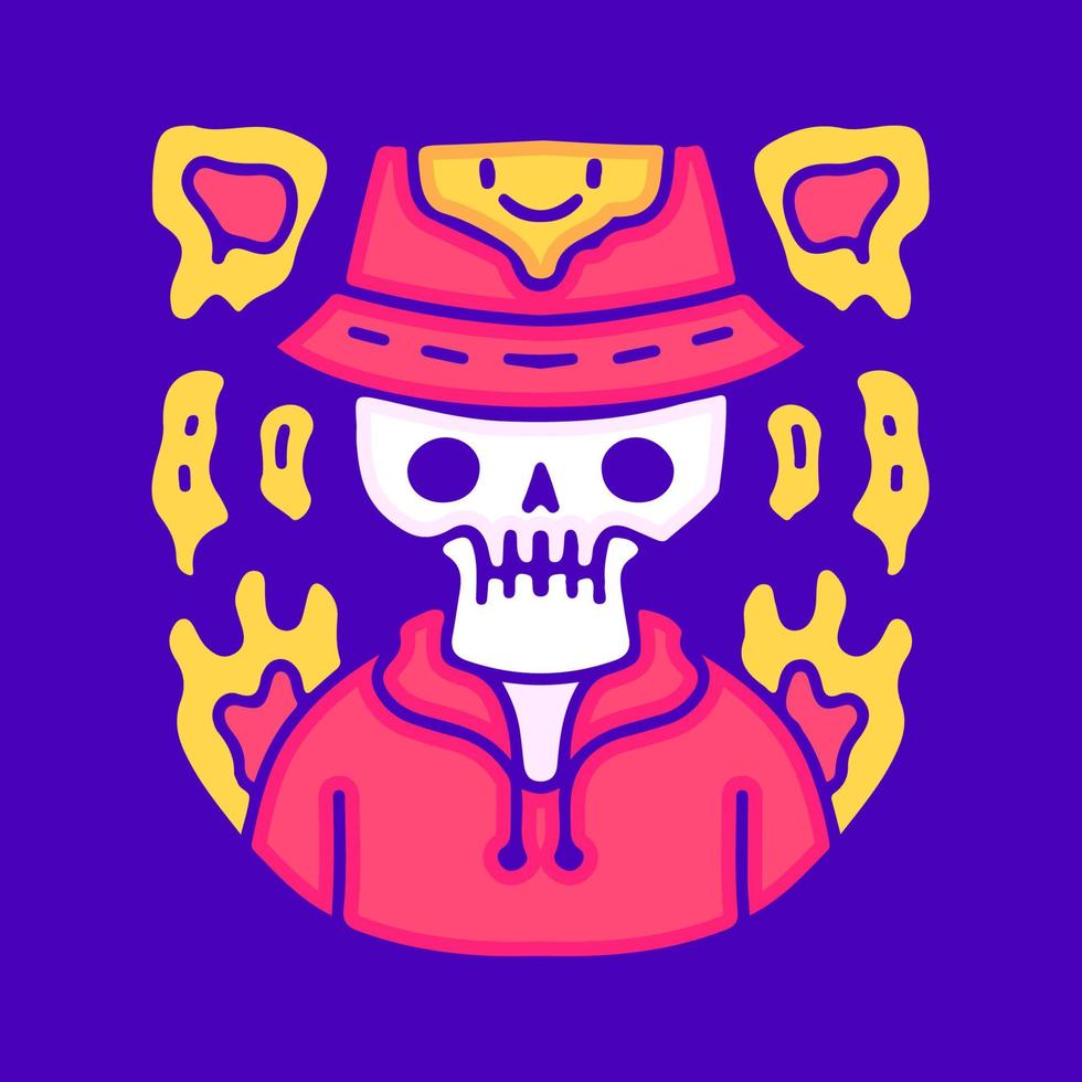 cráneo trippy en dibujos animados de sombrero de cubo, ilustración para camiseta, pegatina o mercancía de ropa. con pop moderno y estilo urbano. vector