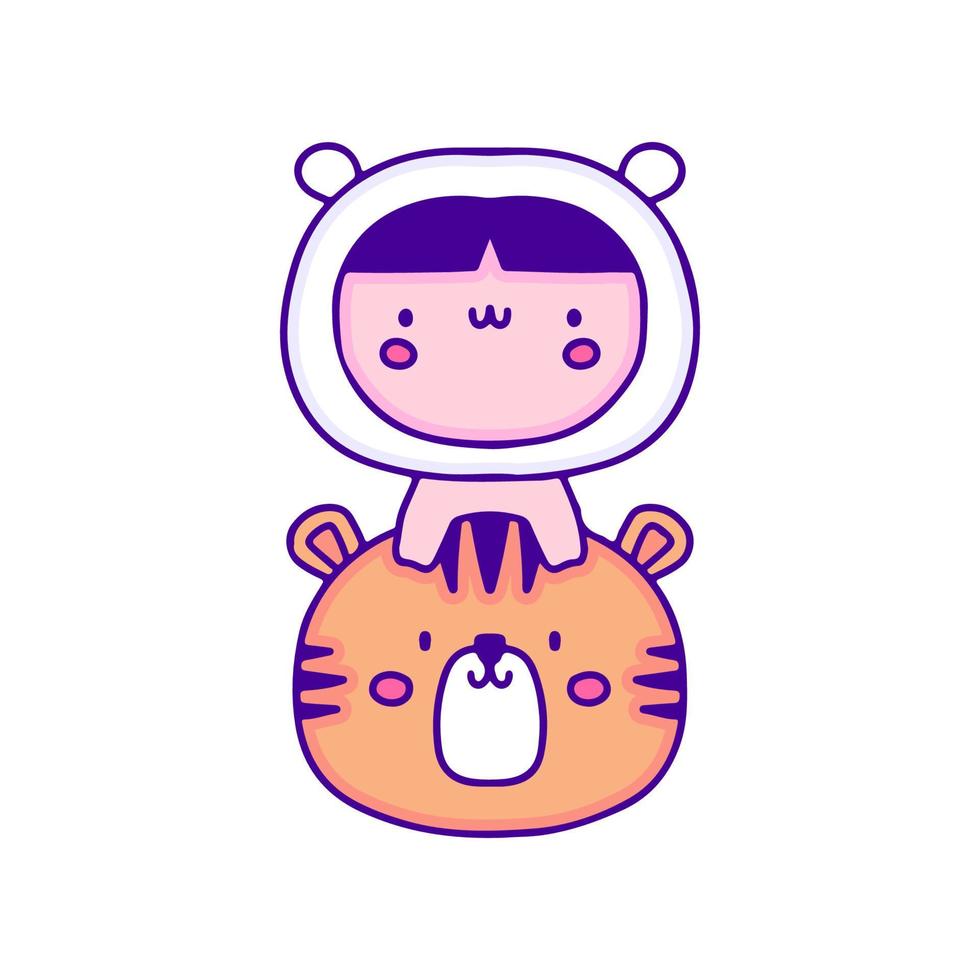 adorable bebé disfrazado de animal con arte de garabatos de tigre, ilustración para camisetas, pegatinas o prendas de vestir. con pop moderno y estilo kawaii. vector