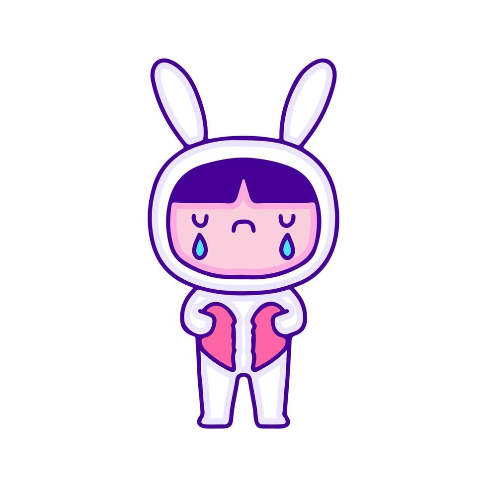 Sad kid in bunny costume holding broken heart, illustration for t-shirt, sticker, or apparel merchandise. With modern pop and kawaii style. vector