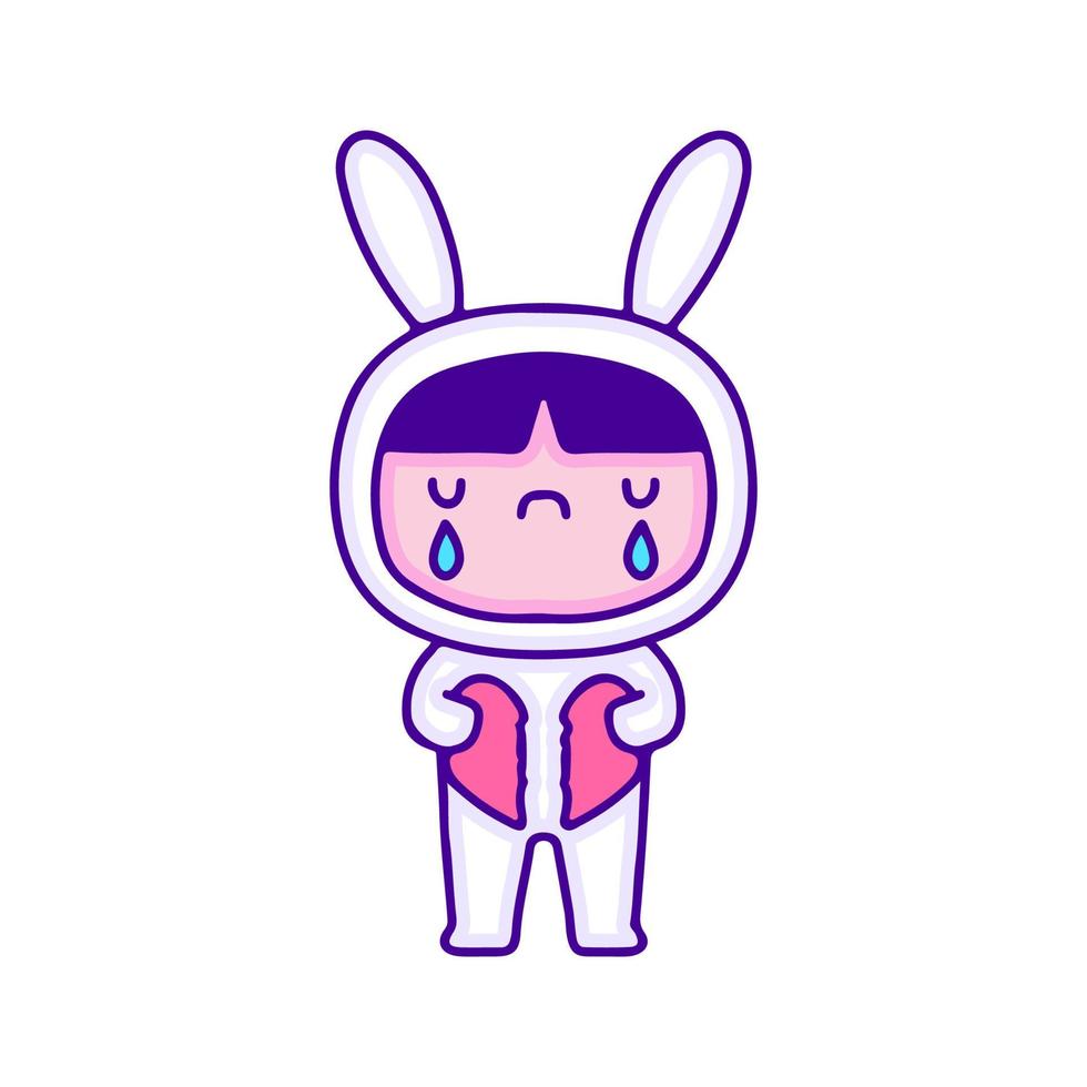 Sad kid in bunny costume holding broken heart, illustration for t-shirt, sticker, or apparel merchandise. With modern pop and kawaii style. vector