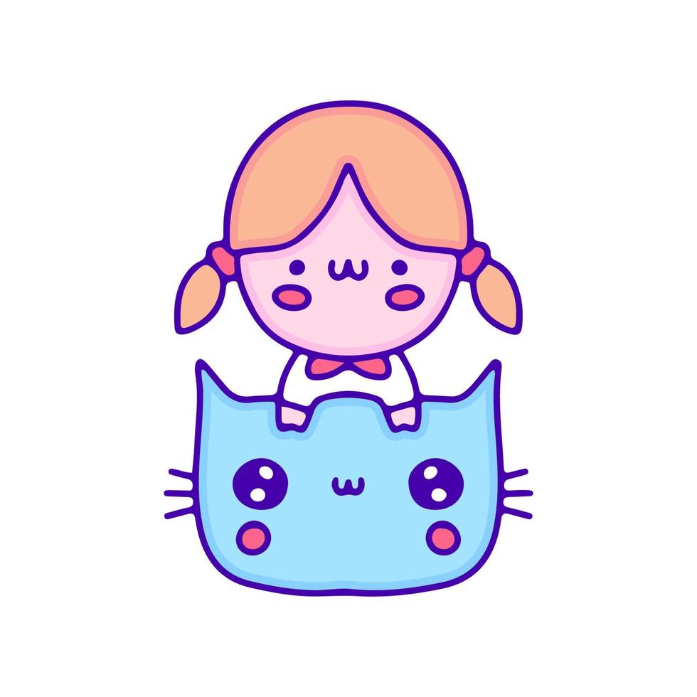 Cute baby girl and cat doodle art, illustration for t-shirt, sticker, or apparel merchandise. With modern pop and kawaii style. vector