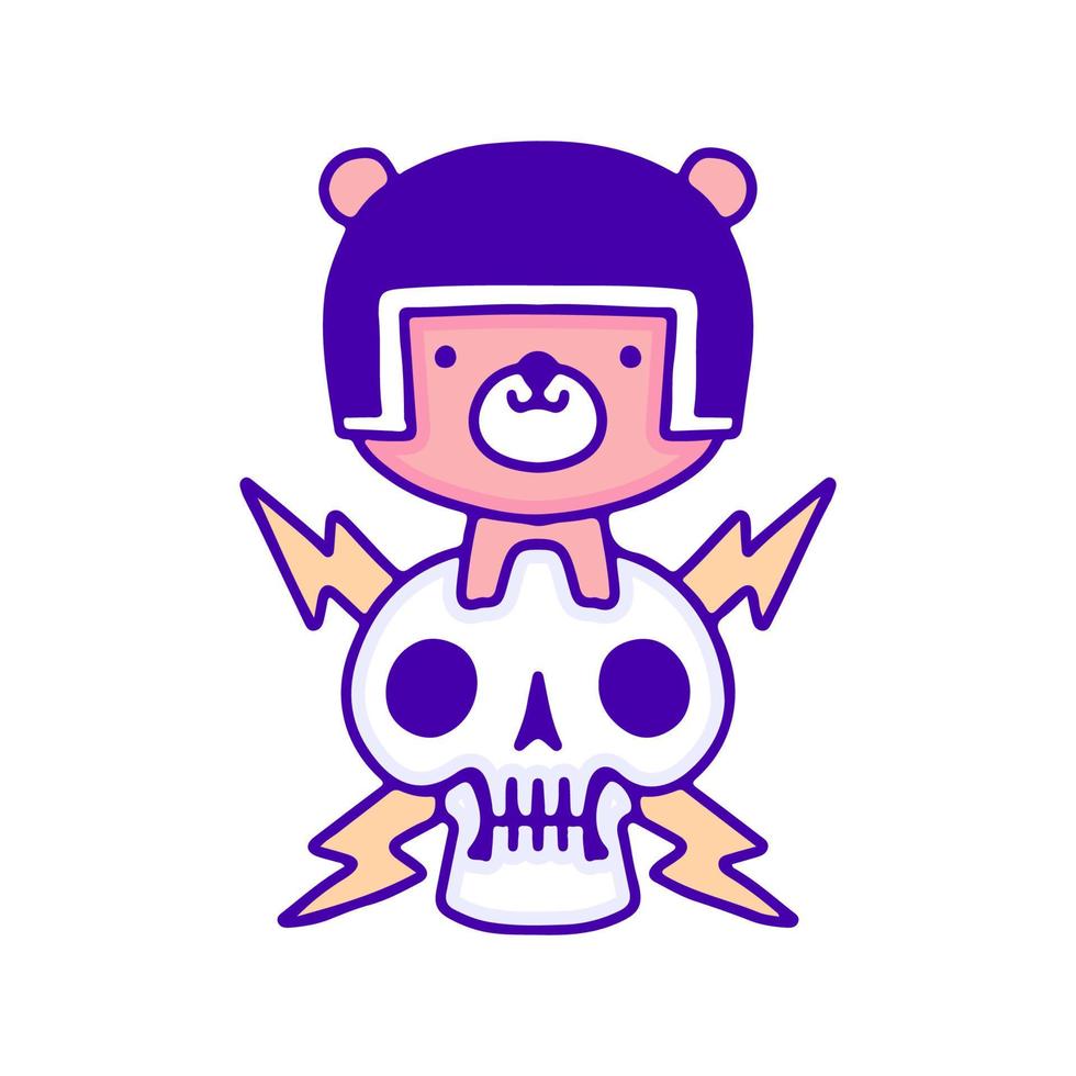 Cool baby bear wearing helmet with lightning skull doodle art, illustration for t-shirt, sticker, or apparel merchandise. With modern pop and kawaii style. vector