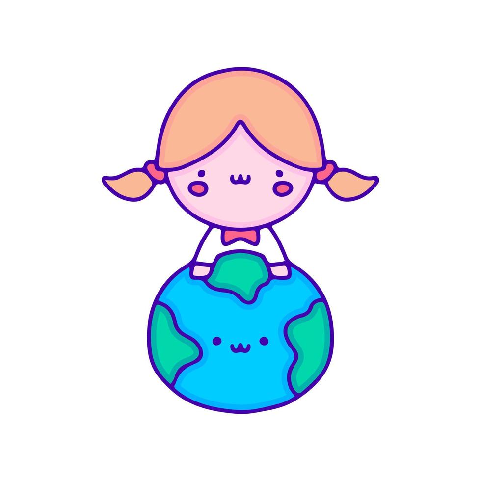 Sweet baby girl with earth planet doodle art, illustration for t-shirt, sticker, or apparel merchandise. With modern pop and kawaii style. vector