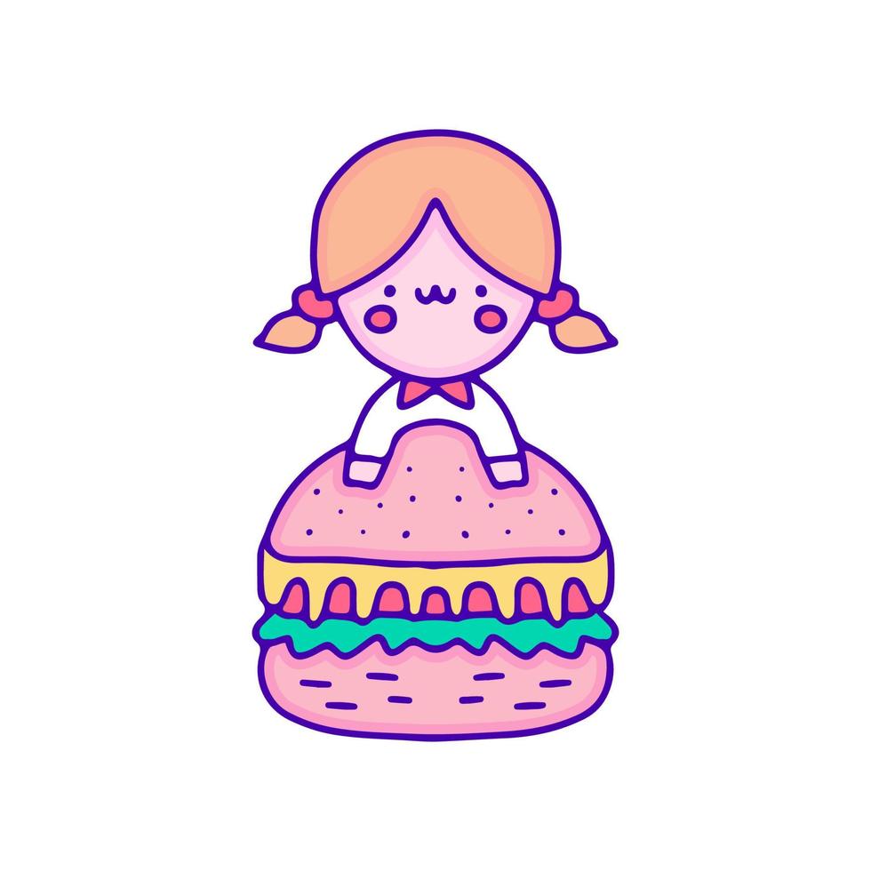 linda niña con arte de garabatos de hamburguesas, ilustración para camisetas, pegatinas o prendas de vestir. con pop moderno y estilo kawaii. vector