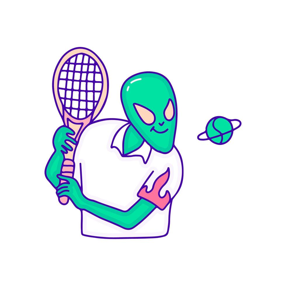 Cool alien character playing padel sport doodle art, illustration for t-shirt, sticker, or apparel merchandise. With modern pop. vector