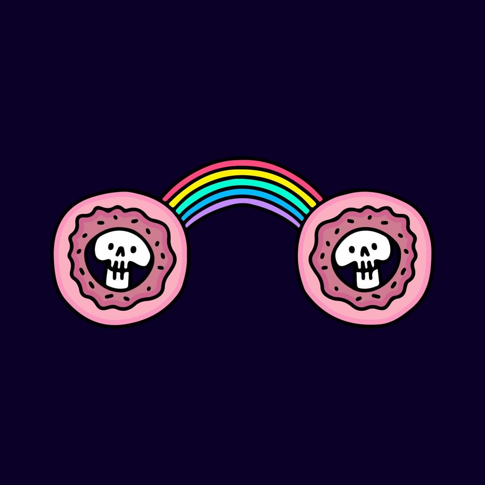 Skull donut with rainbow cartoon, illustration for t-shirt, sticker, or apparel merchandise. With modern pop and retro style. vector