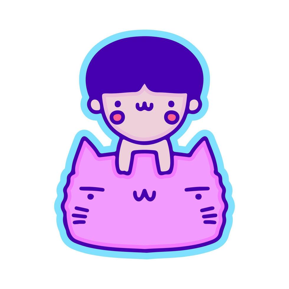 Kawaii kid and cat, illustration for t-shirt, sticker, or apparel merchandise. With modern pop and retro style. vector