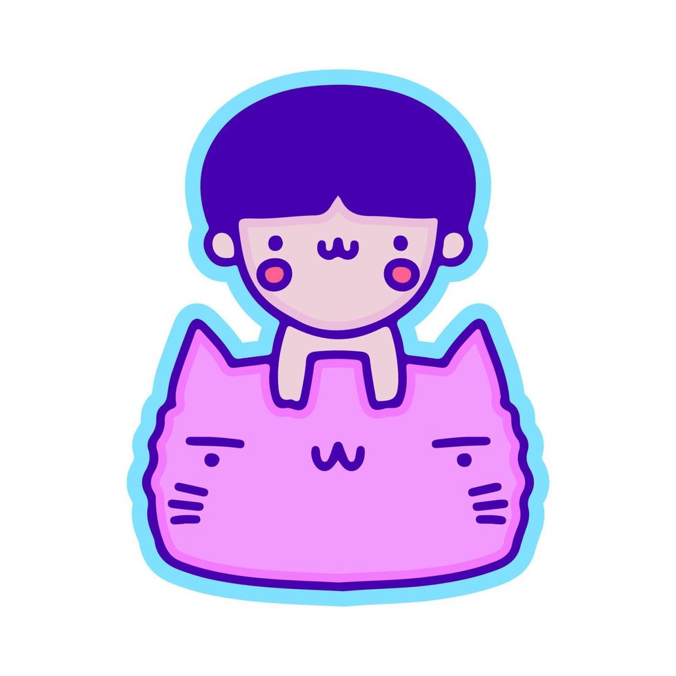 niño y gato kawaii, ilustración para camisetas, pegatinas o prendas de vestir. con pop moderno y estilo retro. vector