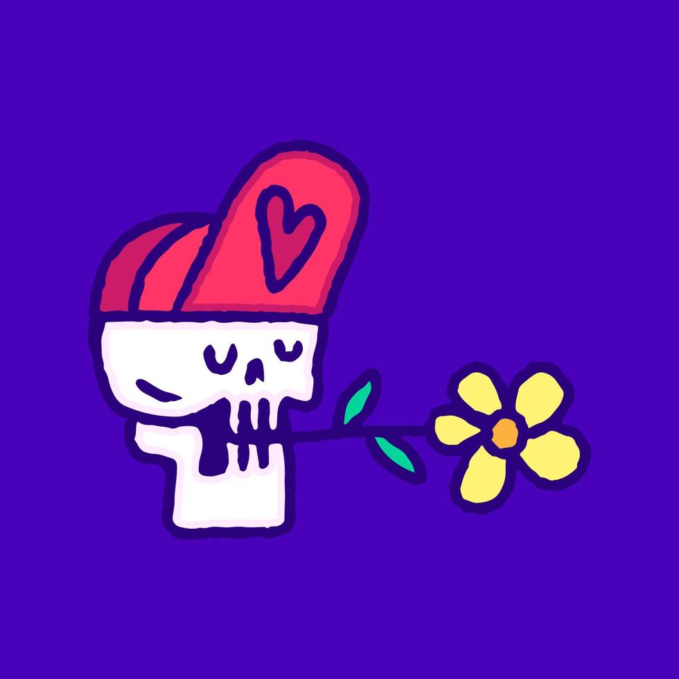 Calavera romántica con sombrero a presión y dibujos animados de girasol mordiendo, ilustración para camisetas, pegatinas o prendas de vestir. con pop moderno y estilo retro. vector