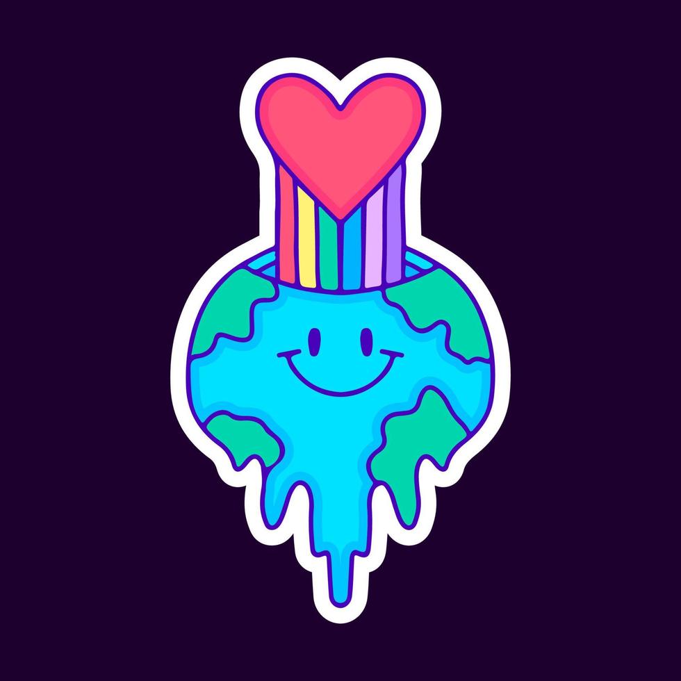 Melted earth planet with rainbow love inside cartoon, illustration for t-shirt, sticker, or apparel merchandise. With modern pop and retro style. vector